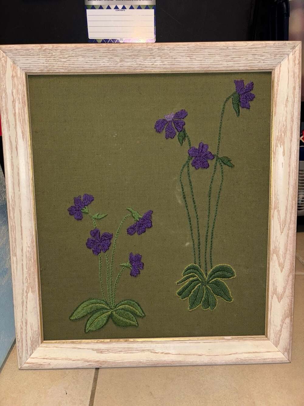 Vintage Framed Handmade Purple Violets Crewel Embroidery Art